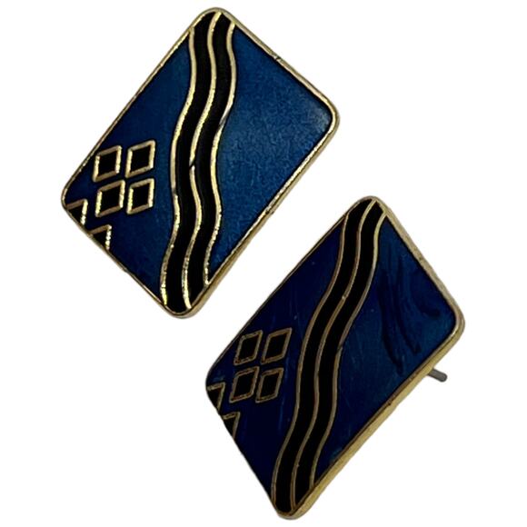 Blue, Gold & Black Enamel Post Earrings for Pierced Ears Retro 1980s Jewelry - Picture 6 of 9